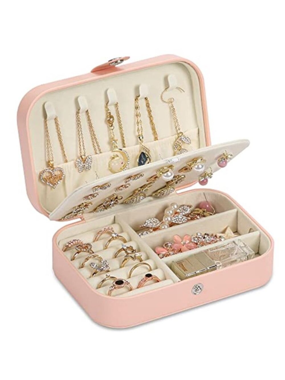 Pink Travel Jewelry Box PU Leather Organizer Earrings Rings Necklaces Portable